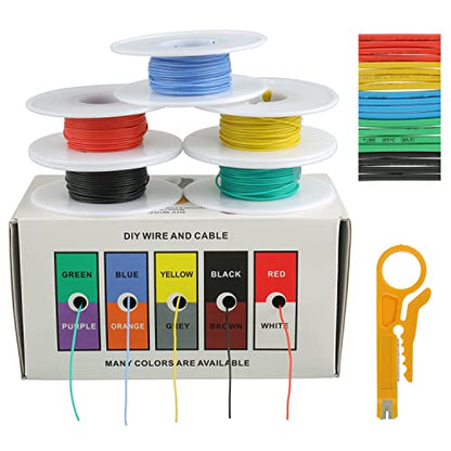 BOJACK 30 AWG Flexible Silicone Wire Electric Wire Hook up Wire Kit 300V Cables with Plus 20 φ2mm Heat Shrink Tubings and a Mini Wire Stripper(5 Colors 32.81Ft Each Color, 30AWG) - size: 30 AWG Silikondraht