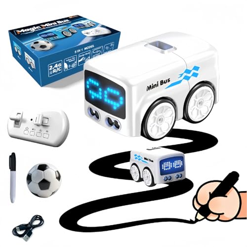 Magic Mini Bus Toy – Interactive Inductive Magic Follows Line Car with Cute LED Lights, Gesture-Follow & Smart RC Control & Follow/Escape Modes – STEM Toy for Ages 5 6 7 8 Boys & Girls (White) - color: White
