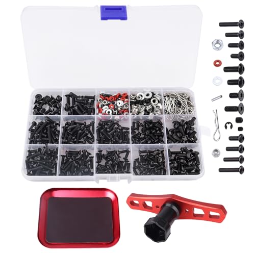 524Pcs RC Screw Kit RC Repair Tool Kit M3 M4 Hex Screws Nut Shell Body Clips Hardware Fastener w/Screw Tray and 17mm Hex Wrench Tools for 1/8 1/10 1/12 Scale RC Cars Trucks Crawler Buggy DIY Parts