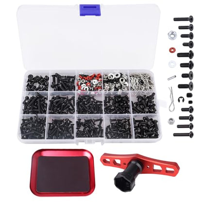 524Pcs RC Screw Kit RC Repair Tool Kit M3 M4 Hex Screws Nut Shell Body Clips Hardware Fastener w/Screw Tray and 17mm Hex Wrench Tools for 1/8 1/10 1/12 Scale RC Cars Trucks Crawler Buggy DIY Parts