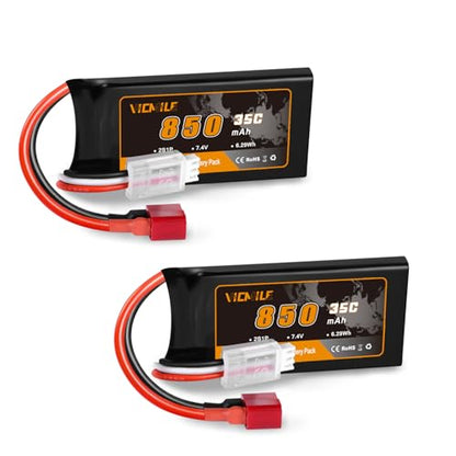7.4V Lipo Battery Super Thin 2S 850mAh RC Battery with Dean-Style T Plug 35C High Discharge Rate Rechargeable Fit for DEERC WLtoys HBX Most 1/10 1/16 1/18 1/24 Scale RC Car Truck