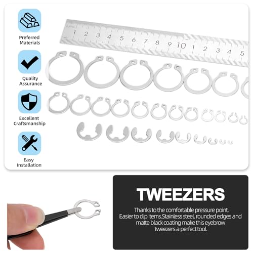 Glarks 302Pcs 304 Stainless Steel C-clip External Retaining Rings and E-clip Retaining Rings Assortment Set, 202Pcs 4MM-28MM Circlip Snap Retaining Clip and 100Pcs E-Ring Circlip Rings and A Tweezer