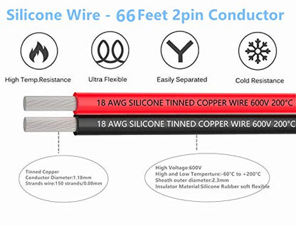 TUOFENG 18 AWG Silicone Wire - 66ft 2 Conductor Parallel Wire | Ultra-flexible 2-pin tinned copper wire (18 AWG). High temp resistant . Ideal for LED strips & RC DIY. - size: 18 AWG 2 Parallel Wire 66ft