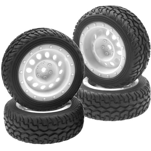 ShareGoo 75mm RC Rally Car Tires Rubber Tires Tyres & Plastic Wheel Rims 12mm Hex Compatible with Traxxas Tamiya HSP HPI Kyosho 1/10 RC On Road Racing Car (White)