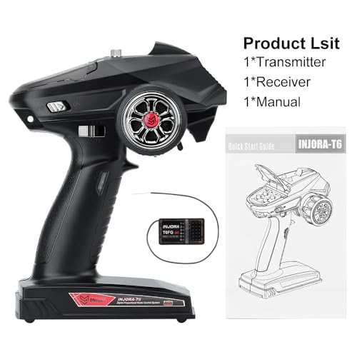 INJORA RC Transmitter 2.4GHz 6CH Controler and Receiver with Gyro Remote Inside Receiver for 1/8 1/10 RC Car Boat Tanks Crawler TRX4 SCX10 Upgrade Parts(T6FG) - size: with Gyro