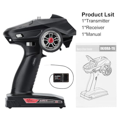 INJORA RC Transmitter 2.4GHz 6CH Controler and Receiver with Gyro Remote Inside Receiver for 1/8 1/10 RC Car Boat Tanks Crawler TRX4 SCX10 Upgrade Parts(T6FG) - size: with Gyro