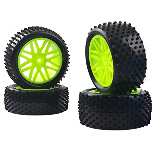 16-Spoke OD 86mm/3.38'' 16-Spoke 12mm Hex Hub Wheel Rims & Rubber Tires Compatible with Redcat Tornado HPI HSP Kyosho Losi 1/10 Scale Off Road Buggy (Green) - color: Green