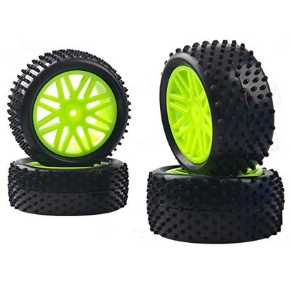 16-Spoke OD 86mm/3.38'' 16-Spoke 12mm Hex Hub Wheel Rims & Rubber Tires Compatible with Redcat Tornado HPI HSP Kyosho Losi 1/10 Scale Off Road Buggy (Green) - color: Green