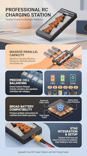 6S Lipo Parallel Charging Board XT60 - Charge 6 Batteries Simultaneously | 2S-6S Balance Charger Adapter for RC Drone FPV | Compatible IMAX B6