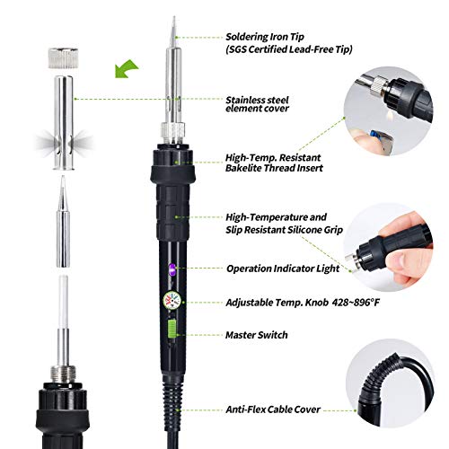 YIHUA 947-III 60W Soldering Iron Kit Adjustable Temperature with Sticky Holder, Tip Cleaner, Cleaning Sponge Power Switch, Operation Indicator, Portable Soldering Kit - style: Soldering Iron Kit (Analog)