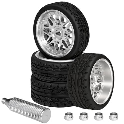 4Pcs 25mm Rc Drift Wheels & Logo Drift Car Tires for 1/24 1/28 Wltoys, [2N+2W] Aluminum Alloy Rims with High Grip Tires Simulated Tire Tread Racing Tyre for Mini-Q HGD1 Wltoys K969 K989 k929(Silver) - color: 1.silver