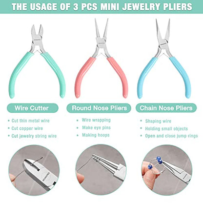WORKPRO Jewelry Pliers Set, 3 Pack Jewelry Making Tool Kit | Includes Mini Needle Nose Plier/Chain Nose Plier, Round Nose Plier and Wire Cutter for Jewelry Repair & Making, DIY Crafts - color: Light Blue, Light Green, Pink