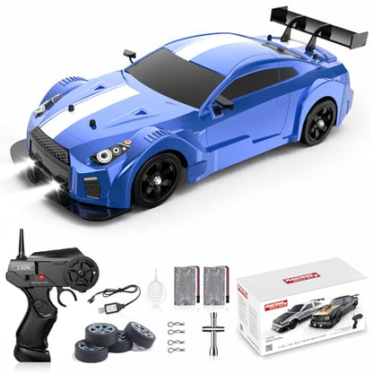 Remote Control Car RC Drift Car 1:16 Scale 4WD 18KM/H High Speed Model Vehicle 2.4GHz with LED Lights Spray Rubber Tire Racing Sport Toy for Adults Boys Girls Kids Gift 2Pcs Rechargeable Batteries - color: C-blue