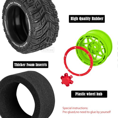 RC Truck Wheel and Tires for 1/16 Summit E-REVO Gorgon GROM MINI KRATON M-J-X H-B-X S-C-Y RC Car,Monster Truck Car Wheel Tires w/Plastic Wheels Rim,Soft Tire Highway Wheels (4PCS),Green Red - color: Green-red(rc Wheels Tires)