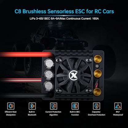 XC C8 Sensorless Brushless ESC for 1/8 RC Car,3-6S 160A | Bluetooth APP Programming,6.0V/7.4V/8.4V BEC,IP67,Multiple protection - size: No Connector