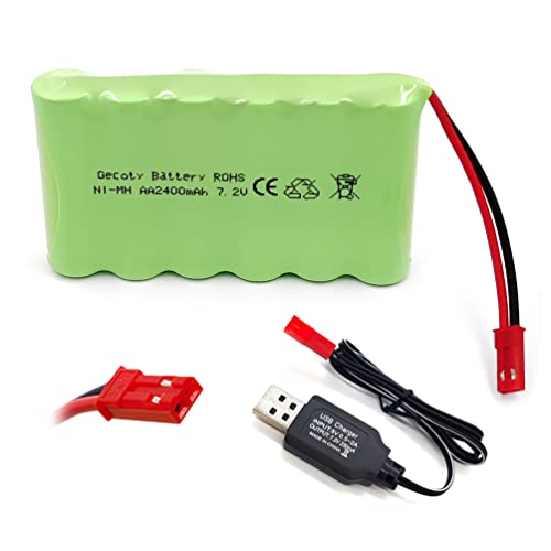 7.2V Ni-MH Battery Pack, 2400mAh Rechargeable AA Battery with USB Charge Cable, JST Plug for RC Car, Truck, Tank, Boat, Toys