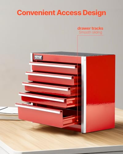 VEVOR Metal Tool Box, 8.6-inch, Portable Metal Tool Box with 5 Drawers, Small Tool Chest with EVA Liners and PP Feet Pads, Heavy-Duty Steel With Ball Bearing Opening and Powder Coated Finish, Red - size: 5 Drawers-Red
