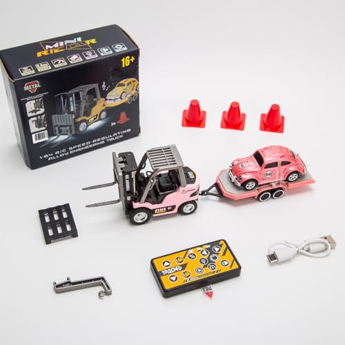 1/64 Scale Mini RC Forklift Truck, 2.4GHz Fully Functional Remote Control Truck Model with Wireless Controller, Cargo Hook, Forks and Pallet, RC Vehicle Toy for Adults - color: Pink/Upgraded Version
