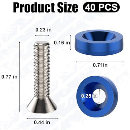 40 PCS Engine Dress Up Kit, CNC Finishing Fender Bumper Washers (Blue) | M6 Aluminum Engine Bay Dress Up Kit, Fender Bolts for Trunk License Plate Frame - color: 40 pcs Blue