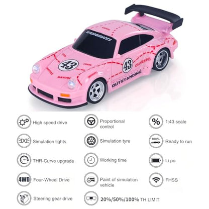1/43 2.4G Radio Control Drift Car Racing Vehicles High Speed 15KM/H 4WD Mini Car Battery Lights RTR Gift Model for Ages 14+ - color: Light Pink
