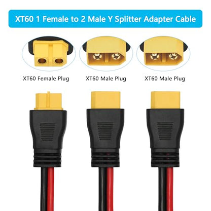 XT60 Parallel Battery Connector Cable, 12AWG XT60 Y Splitter Adapter Cable | XT60 RC Lithium Paralle Power Cord 1FT, 1 Female to 2 Male Y Splitter Adapter Cable, Plug and Play, for RC Multicopter - style: XT60 Splitter Cable 1 Female to 2 Male
