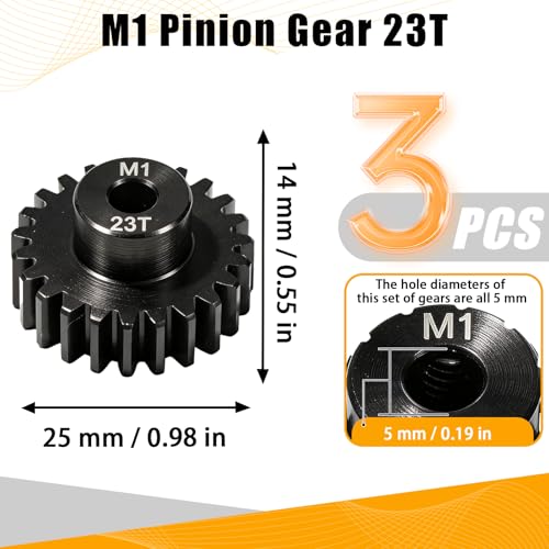 M1 Gear 23T 5mm Bore 3-Pack – High-Precision Hardened Steel Motor Pinion Gear for 1/8 1/10 RC Crawler, Monster Truck, Short Course Truck & Boat (Compatible with Traxxas Axial, FMS, HSP Redcat Losi) - style: M1 3Pcs 23T