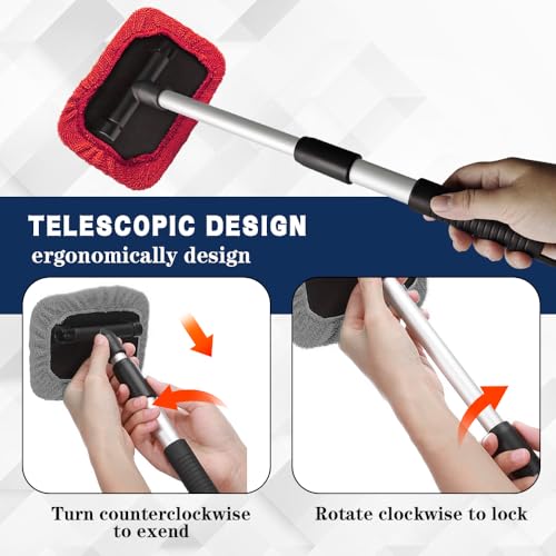 Windshield Cleaning Tool, Car Window Cleaner, Vehicle Window Cleaner with Extendable Handle & 2 Washable Microfiber Pads, Car Interior Glass Wiper Cleaning Kit for Most Vehicles (Red) - color: Red