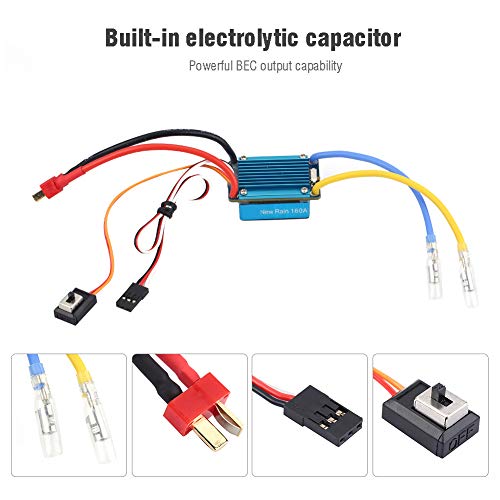 3S 160A Waterproof Brushed ESC with 5V 1A BEC T Plug, Electronic Speed Controller for 1/12 1/10 1/8 RC Car Auto Throttle Calibration Multiple Protections