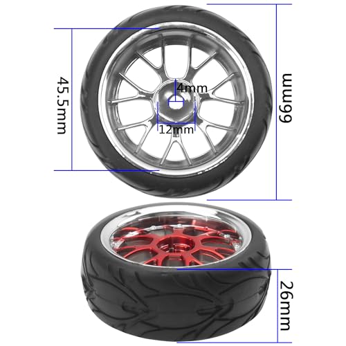 ShareGoo Plastics Wheel Rims w/Rubber Tire RC 12mm Hex Hub Compatible with HSP Tamiya XV01 TT01 Kyosho Traxxas Sakura WLtoys HSP 3Racing 1/10 RC On-Road Racing Touring Car (Red) - color: Red
