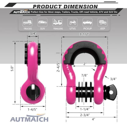 AUTMATCH 3/4" D Ring Shackles (2-Pack) - 41,887 lbs Break Strength | Heavy Duty Clevis Shackle with 7/8" Pin & Isolator Washer Kit for Tow Strap, Winch, Towing & Off-Road Vehicle Recovery, Pink - color: Pink & Black