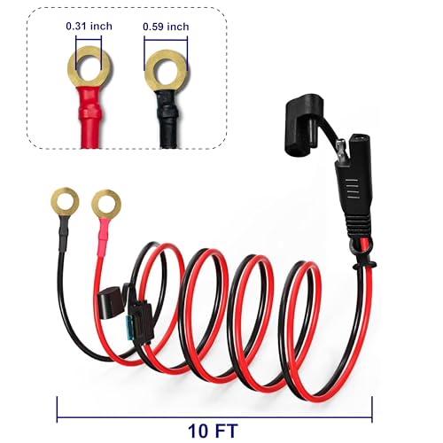 BFXM 10AWG 10FT SAE Connector Extension Cables with 15& 20A Fuse | 2 Pin SAE to O Ring Terminal Quick Disconnect Harness for Car, Motorcycle, Solar Panel - color: 10awg10ft*1