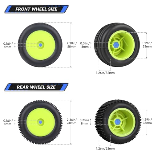Preglued 1/18 Off-Road Wheels and Tires 8mm Hex for Losi Mini-T 2.0 Brushless Stadium Truck High Traction - color: Green