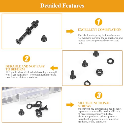 565 Pieces M2 Screws Nuts Washers Set Black, Sutemribor M2 x 4/6/8/10/12/16/20mm Countersunk Head Socket Cap Screws Nuts Washers Assortment Kit, 10.9 Grade Alloy Steel, Fully Threaded - size: M2, style: Countersunk Head Socket Cap
