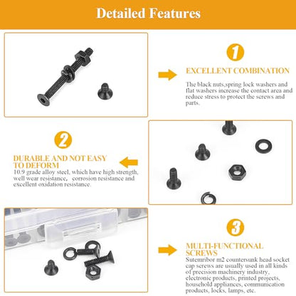 565 Pieces M2 Screws Nuts Washers Set Black, Sutemribor M2 x 4/6/8/10/12/16/20mm Countersunk Head Socket Cap Screws Nuts Washers Assortment Kit, 10.9 Grade Alloy Steel, Fully Threaded - size: M2, style: Countersunk Head Socket Cap
