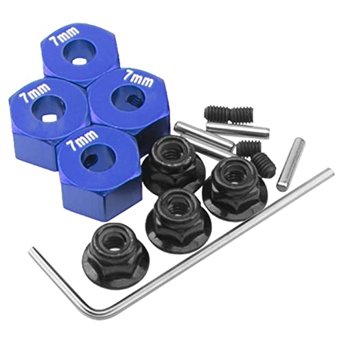 Metal 12mm Hex Wheel Hubs 7mm Thick Drive Adapters with Flanged Lock Nuts Compatible with Traxxas 1/10 4WD Rustler Slash Stampede RC Car，Replace Part 1654 (Blue) - color: Blue