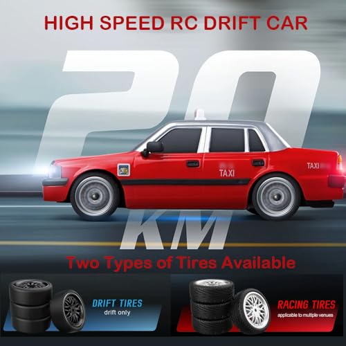 Remote Control Car, MN38 RC Drift Car, 1:16 Scale High Speed Remote Control Taxi, 4WD 2.4GHz RC Racing Cars with Drifting Tires, LED Lights and 2 Batteries for Adults