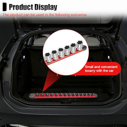Magnetic Socket Organizer, 1/2" Heavy Duty Aluminum Metric & SAE Socket Rail Organizer, 360° Swivel Clips Socket Holder, Automotive Garage Drive Socket Tray Tool Holds 12 Sockets (1/2) - size: 1/2