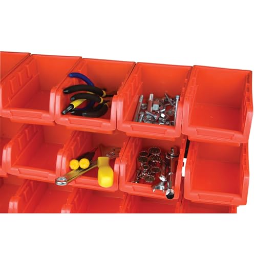 Performance Tool W5186 15-Bin Table Top Storage Organizer Rack | Powder-coated steel organizer rack with removable red bins. Small parts and craft organizer for home, office or garage - style: 15-Bin Table Top Storage Rack