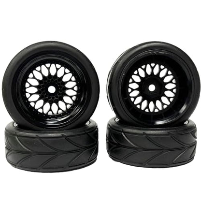 4PCS 64mm Rubber Tires and Plastic Wheel Rims Set 12mm Hex Replacement Part for Sakura Tamiya TT02 HPI HSP Kyosho 1/10 RC On Road Run-flating Touring Racing Car Tyre (Black, Offset:6mm) - color: Black, size: Offset:6mm