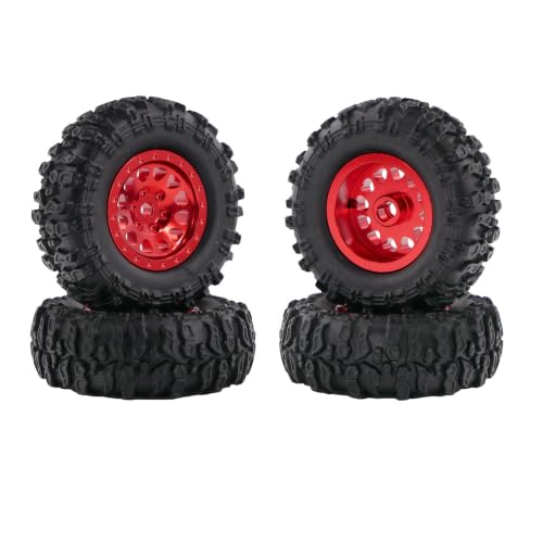 1.0 Inch RC Crawler Wheels and Tires Set, Pre-Mounted Aluminum Wheel & Tire Combo with Foam Inserts, Fit for 1/18 SCX24 SCX30 Micro RC, 4PCS (Red) - color: Red