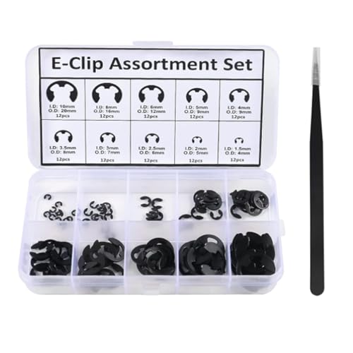 120pcs E-Clip Circlip External Retaining Clips Assortment Set Hardened Steel Circlip Kit Anti Walk Washers 1.5/2 /3/4/5/6/7/8/9/10mm