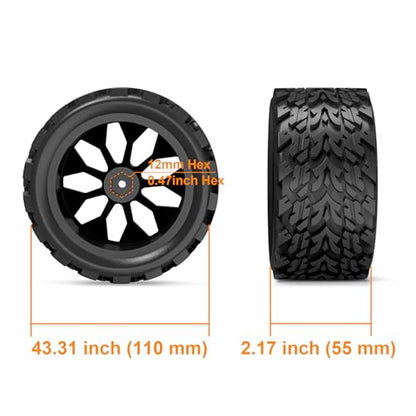 Hosim 4pcs 12mm hex Wheels and Tires for RIAARIO and AMORIL 1/10 RC Trucks, for Traxxas Rustler Stampede 2wd 4x4 VXL Mini X17 X25 X27 Rubber Wheel Replacements 4.66 OD x 2.17 Width - color: Black