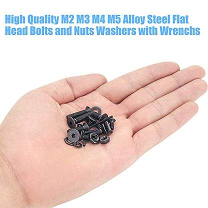 DYWISHKEY 1220 Pieces M2 M3 M4 M5, 10.9 Grade Alloy Steel Hex Flat Head Cap Bolts Nuts Washers Assortment Kit with Hex Wrenches - color: oxide black