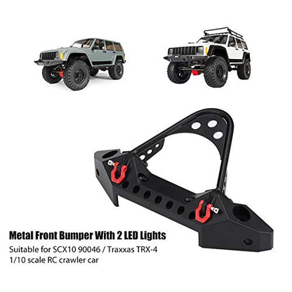 RC Front Bumper, Metal Rc Crawler Bumper with 2 LED Lights for SCX10 90046 / -4, 1/10 Scale Axial RC Crawler Car Retrofit and Upgrade Accessories