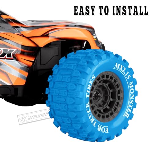 100 * 52MM 1/16 RC Monster Truck Tires 12mm Hex Adapters All-Terrain Traction Tires fit for Mini Maxx/Mini XRT, MJX 16207/16208/16209/16210,HSP 94186,E-Revo,L0S1,1/18 Mini LMT,Blue&Black - color: Blue&black(4pcs)