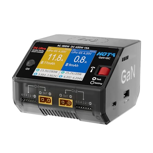 HOTA D6 Ultra GaN+SiC Smart Lipo Charger, 650W DC/300W AC 15A×2 Dual Channel RC Battery Charger for LiPo Life LiIon NiMH Lead Acid 1-6S FPV Drone RC Car Boat with 2.8" Color LCD & Wireless Charging ﻿