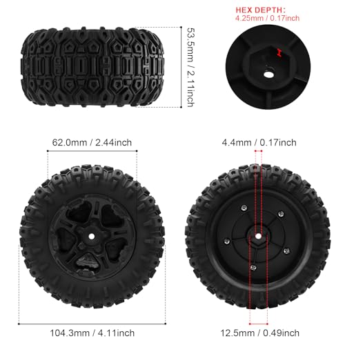 GOUPRC 12.5mm Hex RC Wheel Tires Set, 4.1 * 2.1 Inches 4PCS Swamp Claw Mud Terrain Tires Accessories for Traxxas Mini Maxx 1/12 RC Crawler Car Truck Buggy