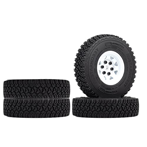 4PCS/Set 1.55 Inch Beadlock Metal Wheel Rim Rubber Tires Compatible with 1/10 RC Crawler Car Axial AX90069 D90 TF2 Tamiya CC01 LC70 (White) - color: White