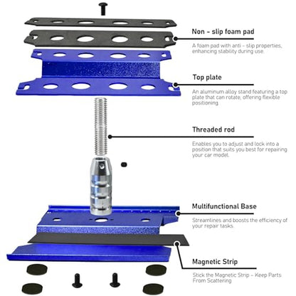 RC Car Work Stand Adjustable Height Lift Lower 360° Rotation Aluminum RC Repair Stand & Small Screw Tray Fit for 1/8 1/10 1/12 1/14 for Traxxa Axial Arrma Redcat RC Crawler Monster Truck Buggy（Blue） - color: Blue