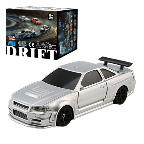 HERR RC Electric Mini Racing Drift Car Model 1:43 Scale 2.4G Full Scale Linkage Light Set Max Speed 15km/h Indoor Mini RC Toys Hobbyist Gift Black White (RTR Version/Silver) - color: Silver